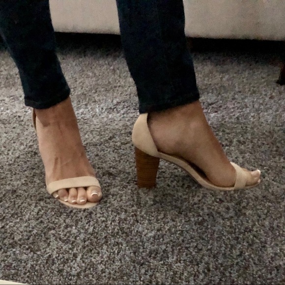 Nude Suede Ankle Strap Wood Heels Size 8 - Picture 1 of 4